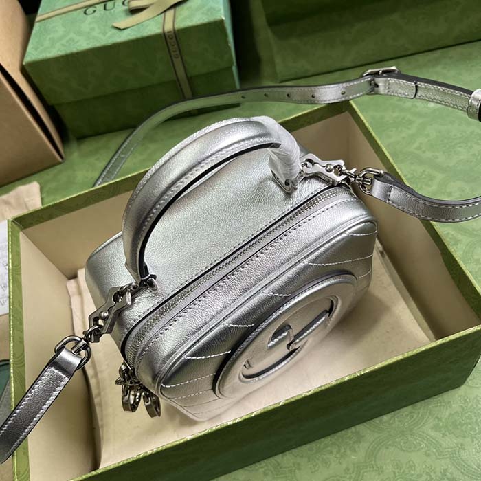 Gucci Women GG Blondie Top Handle Bag Metallic Silver Leather Round Interlocking G