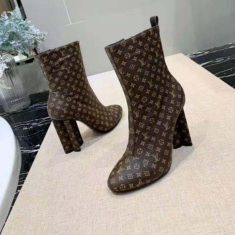 Louis Vuitton LV Women LV Silhouette Ankle Boot in Patent Monogram Canvas-Brown