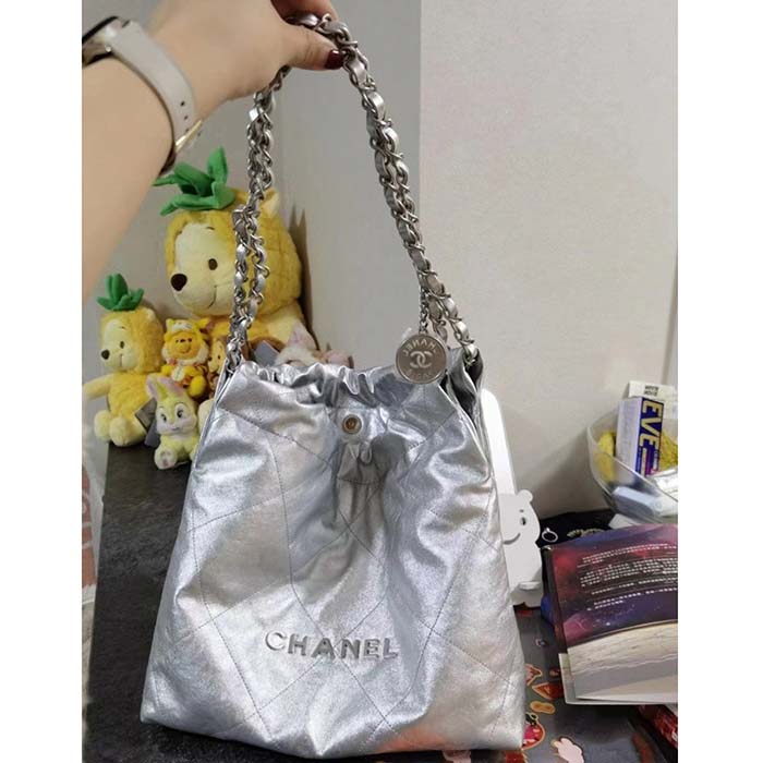 Chanel Women CC 22 Handbag Metallic Calfskin Silver-Tone Metal Silver