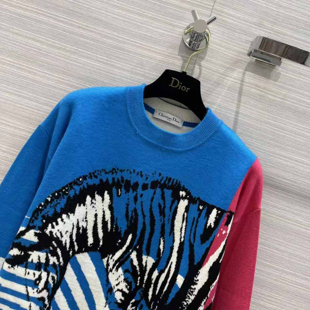 Dior Women Sweater Bright Blue and Pink D-Jungle Pop Double-Sided Technical Cashmere