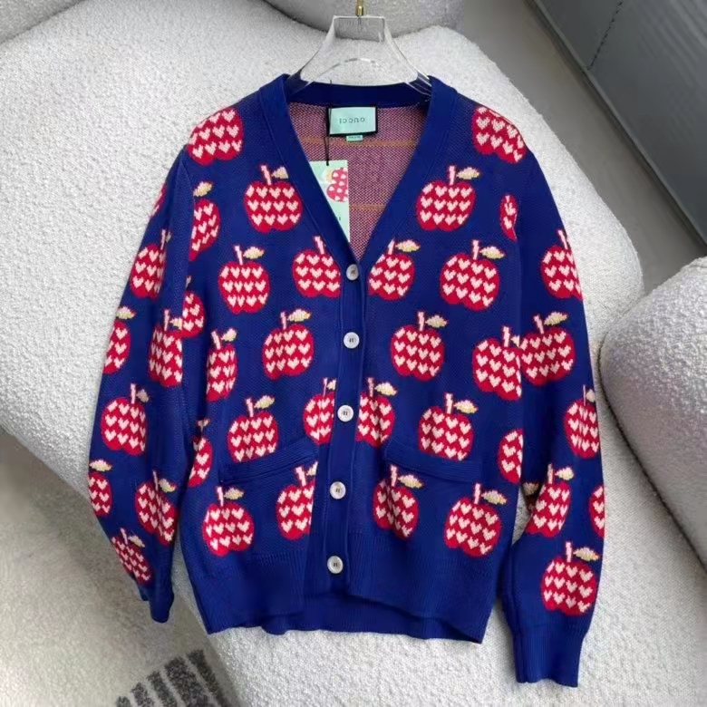 Gucci Women GG Les Pommes Cotton Cardigan Dark Blue Red Apple Knit Cotton Jacquard