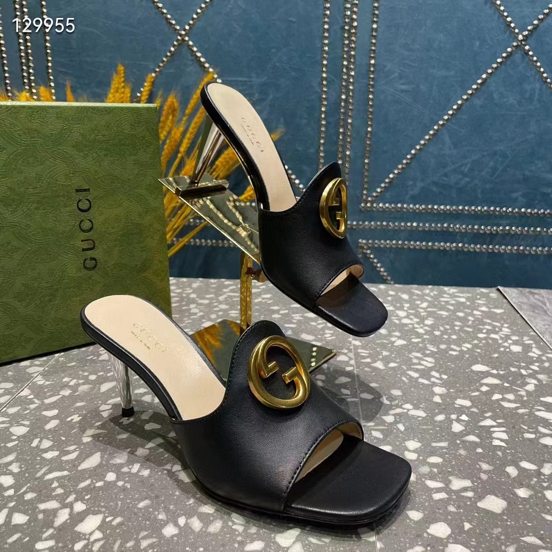 Gucci Women GG Blondie Slide Sandal Black Leather Metallic Mid Heel 6.6 Cm Heel