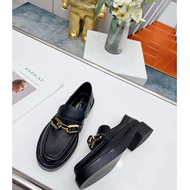 Louis Vuitton LV Women Loafer Black Glazed Calf Leather Blake Construction Monogram Flowers