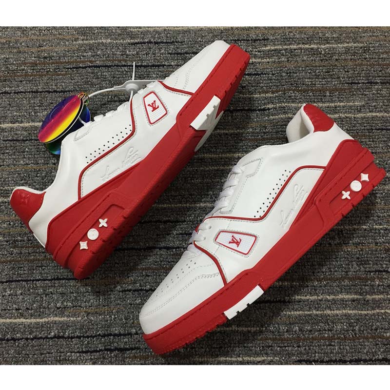 Louis Vuitton LV Unisex Trainer Sneaker Red White Calf Leather Rubber Monogram Flowers