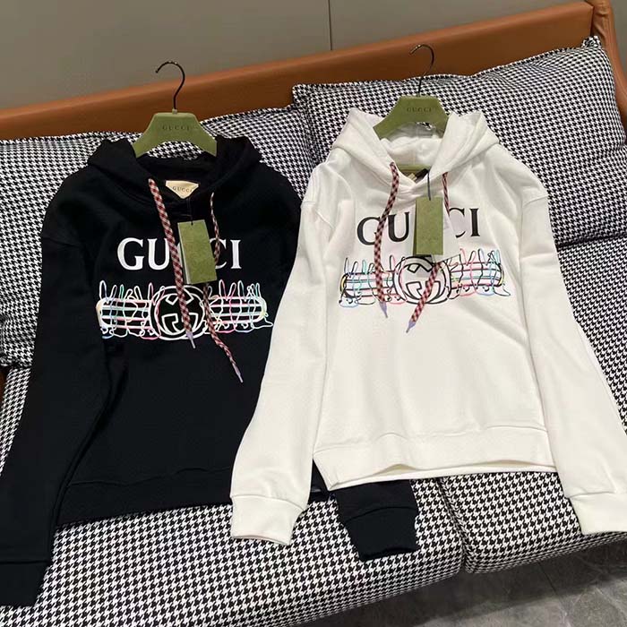 Gucci Women GG Logo Bunny Print Hooded Cotton Sweatshirt Off White Cotton Jersey