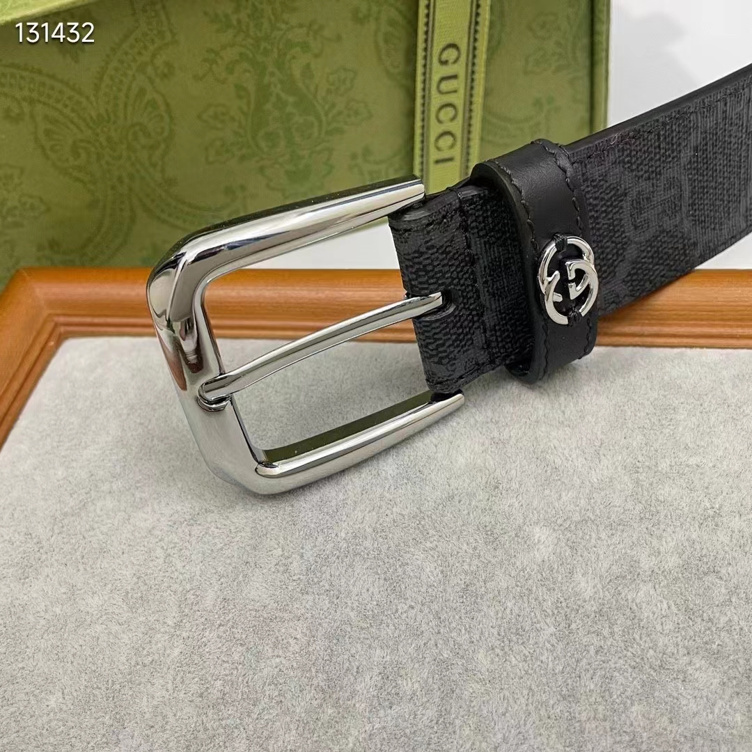 Gucci GG Unisex Belt Interlockig G Black GG Supreme Canvas Leather Square Buckle