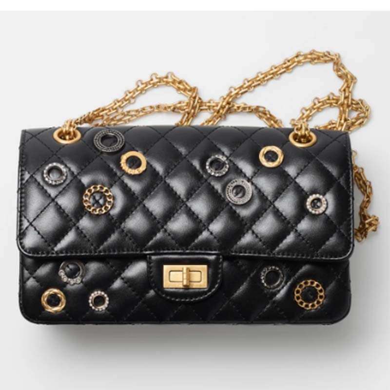 Chanel Women CC 2.55 Handbag Calfskin Strass Glass Pearls Gold Silver Tone Black