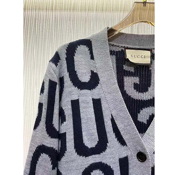 Gucci Women GG Cardigan Gucci Intarsia Grey Wool Blue V-Neck Dropped Shoulder Long Sleeves Two Pockets
