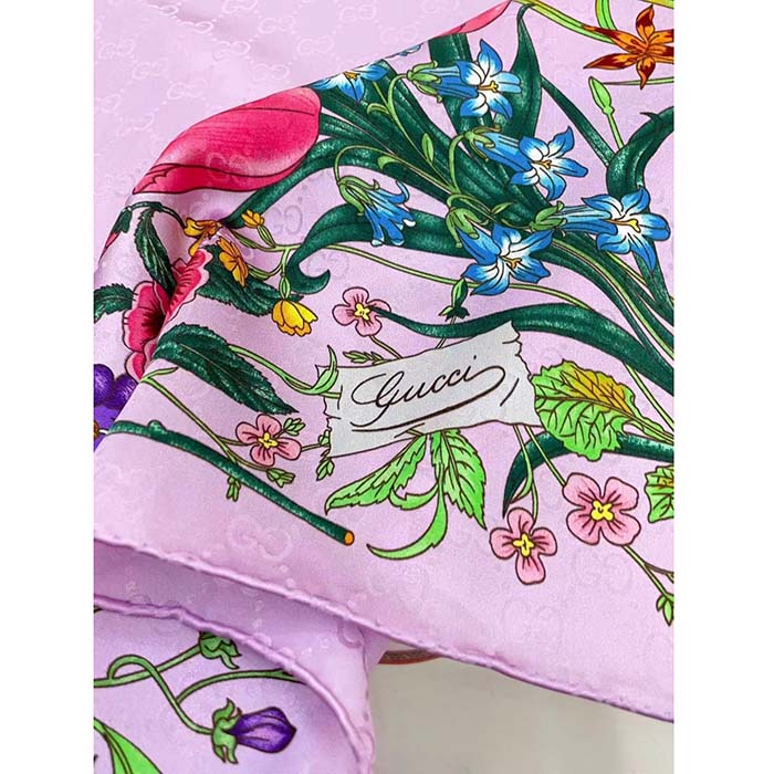 Gucci Women GG Flora Print Silk Carré Multicolor Purple Twill