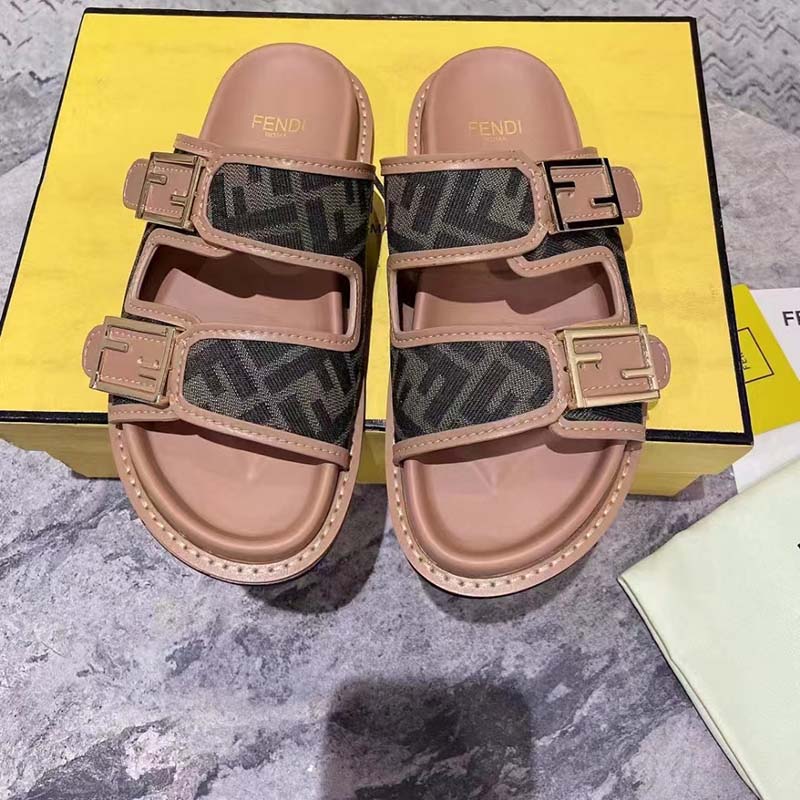 Fendi Women FF Fendi Feel Brown FF Fabric Slides 0.5 Cm Heel