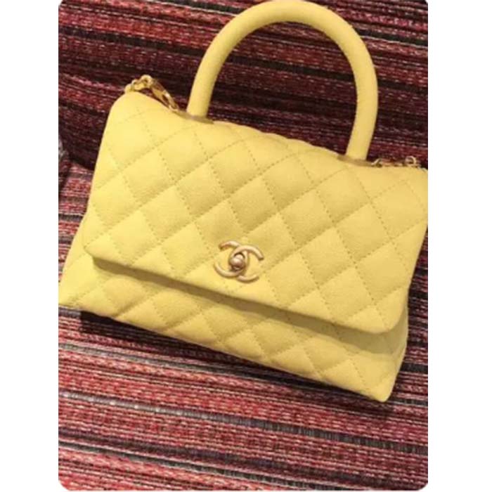 Chanel Women CC Quilted Handbag Yellow Calfskin Leather Gold-Tone Metal