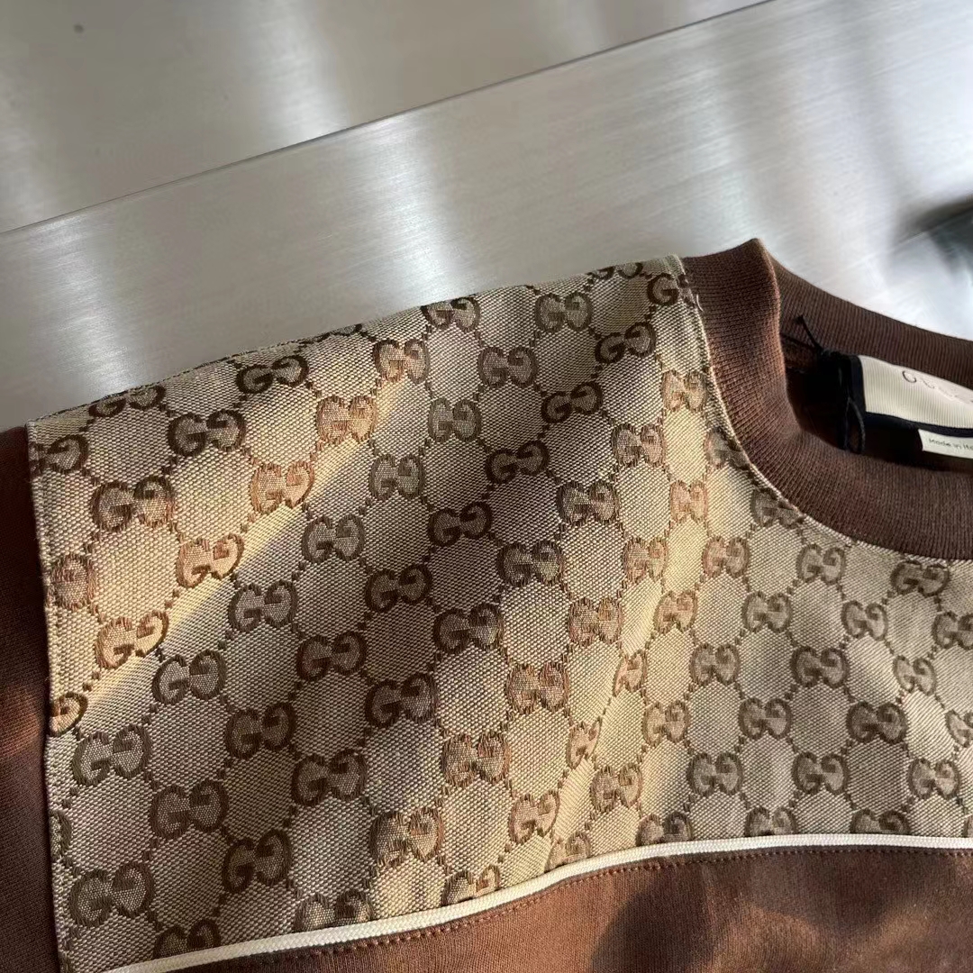 Gucci GG Men Cotton Jersey Sweatshirt GG Canvas Yoke Crewneck Dropped Shoulder Batwing Sleeves