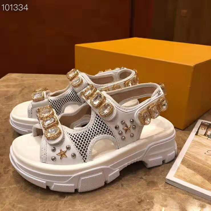 Gucci Women Leather and Mesh Sandal with Crystals 4.6 cm Heel-White