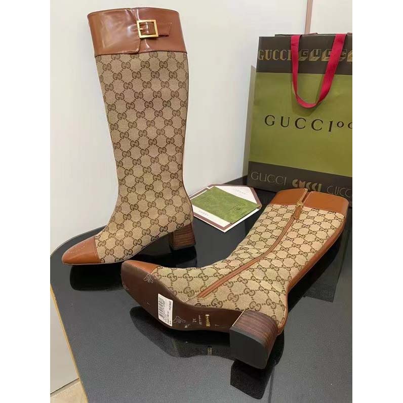 Gucci Blondie Women’s GG Knee-High Boot Beige Ebony Canvas Cuir Leather Low 5 Cm Heel