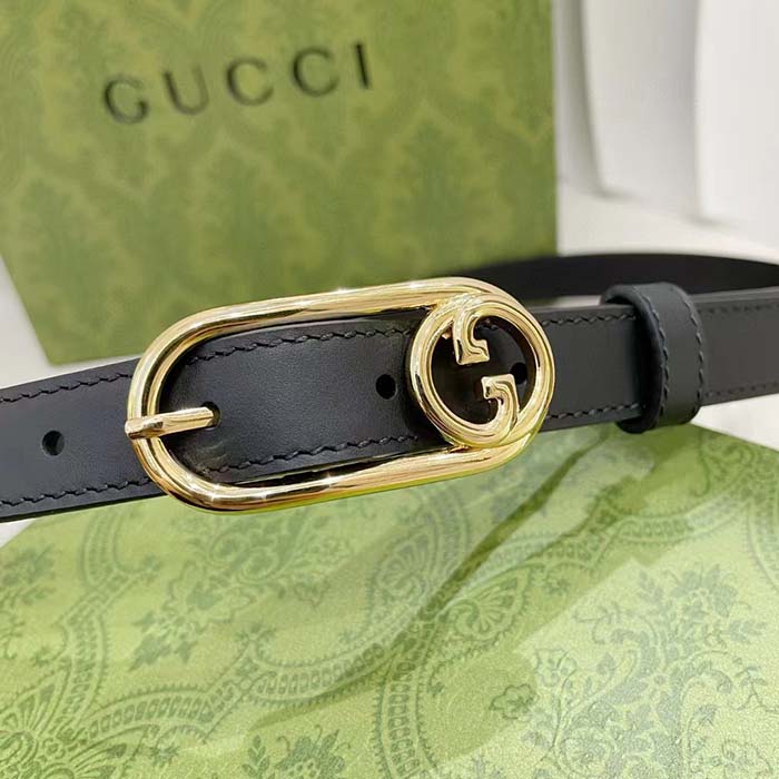 Gucci GG Unisex Thin Belt Mini Round Interlocking G Black Leather 1.5 CM Width