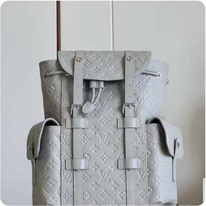 Louis Vuitton LV Unisex Christopher MM Backpack Mineral Gray Embossed Taurillon Monogram Cowhide Leather