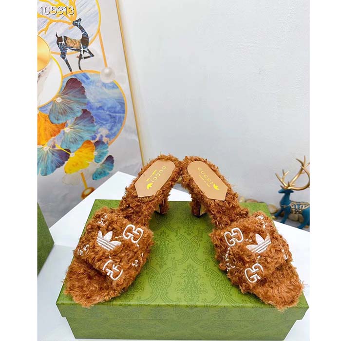 Gucci Women Adidas x Gucci Slide Sandal Brown GG Trefoil Shearling-Effect Fabric