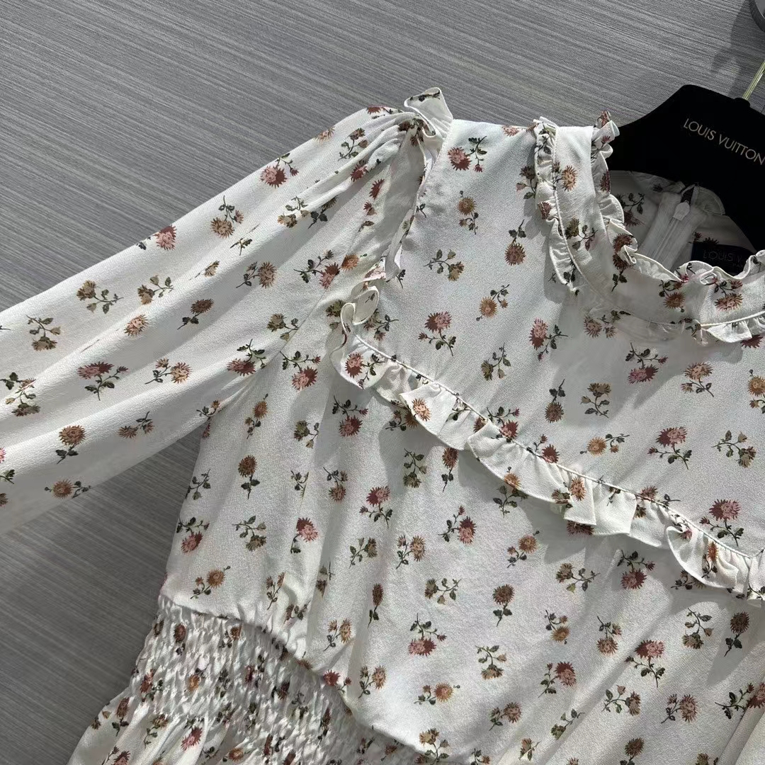 Louis Vuitton LV Women Floral Print Ruffle Collar Shirt Silk Milky White Regular Fit