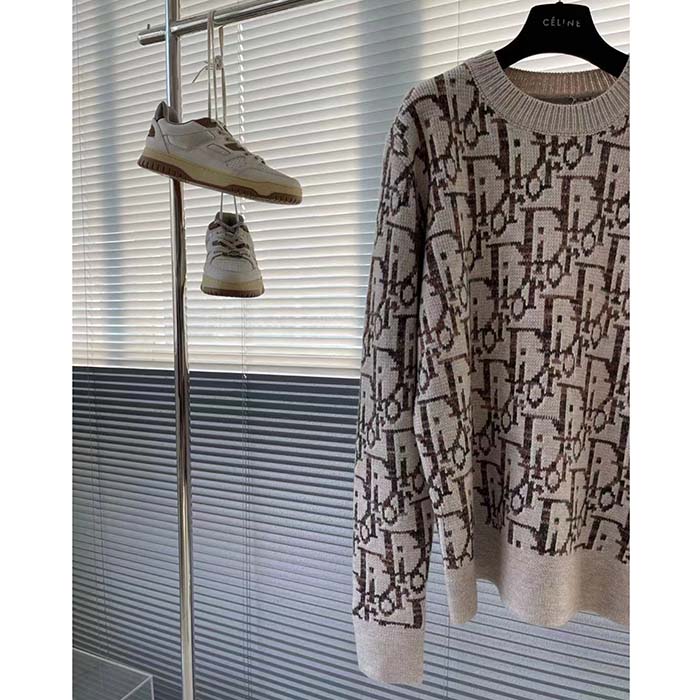 Dior Women CD Dior Oblique Sweater Beige Brown Wool Jacquard