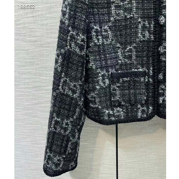 Gucci Women GG Tweed Jacket Dark Grey Lined Collarless Two Front Pockets Button Closure Style ‎761164 ZAPA4 1158