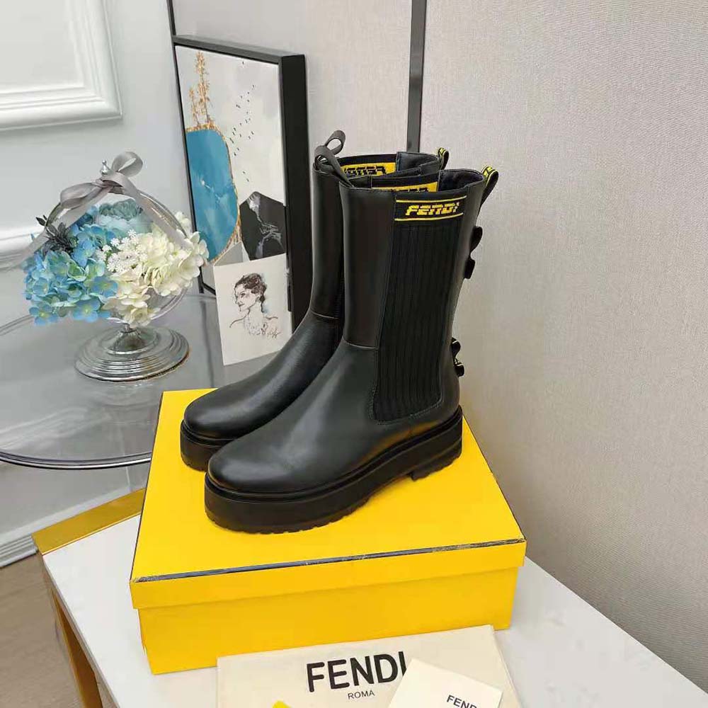 Fendi Women Promenades Black Leather Biker Boots