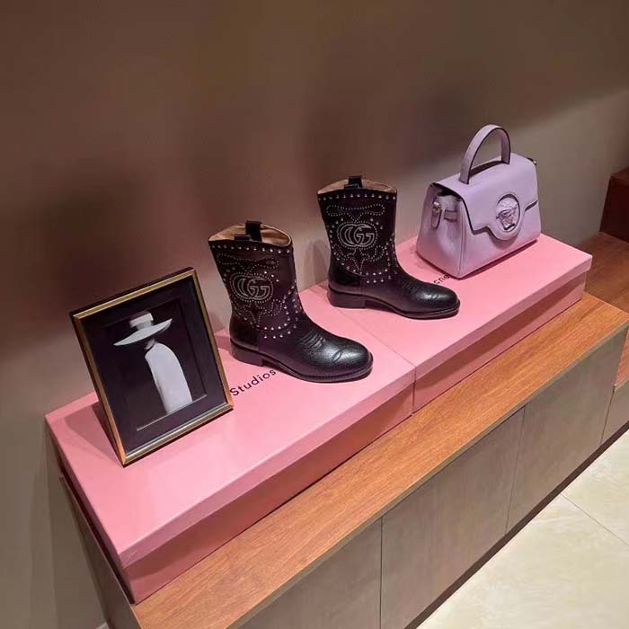 Gucci Women GG Boot Double G Embroidery Studs Black Leather Low 3.6 CM Heel