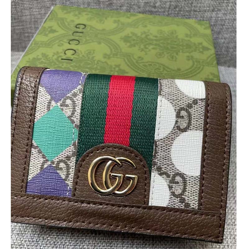 Gucci Unisex GG Ophidia Card Case Wallet Brown Leather Beige Ebony Supreme Canvas