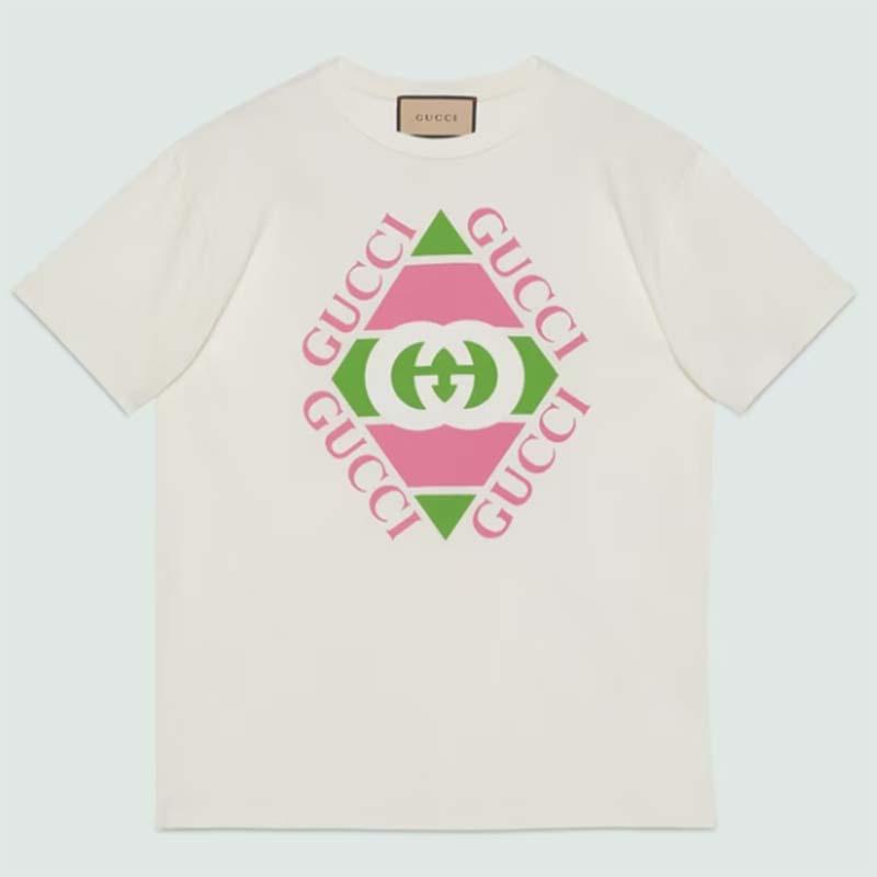 Gucci GG Men Vintage Logo Print T-Shirt Off White Cotton Jersey Crewneck Short Sleeves