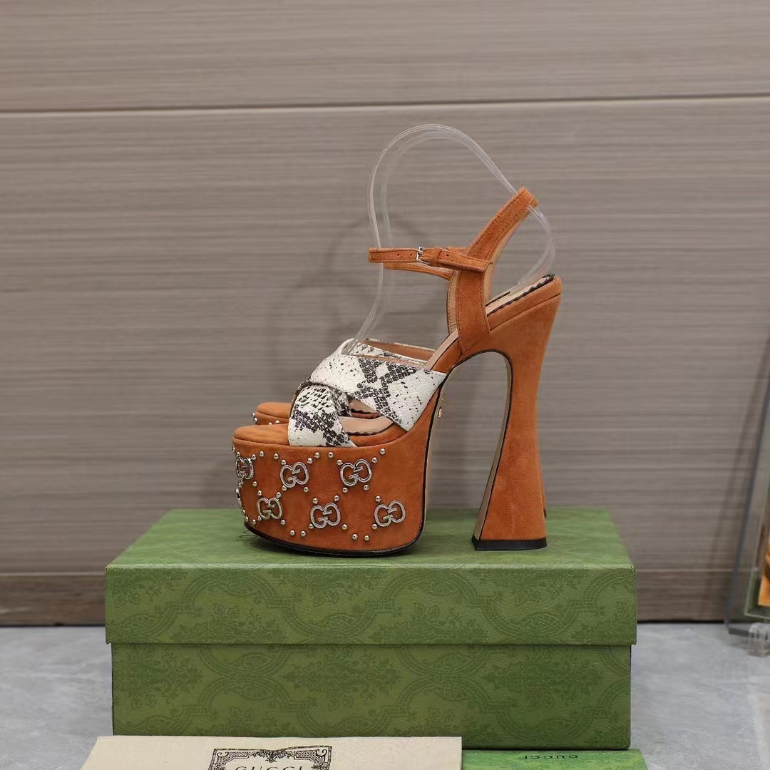 Gucci Women GG Interlocking G Studs Sandal Python Print Leather Camel Suede 15 Cm Heel