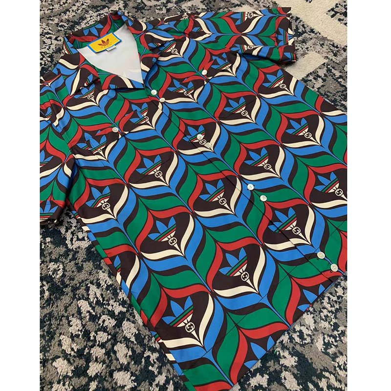 Gucci GG Women Adidas x Gucci Trefoil Print Bowling Shirt Straight Hem Side Vents Viscose