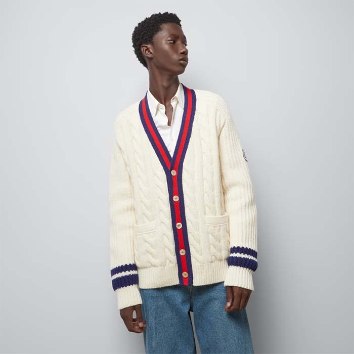 Gucci Men GG Cable Wool Knit Cardigan Web V-Neck Dropped Shoulder Two Front Pockets