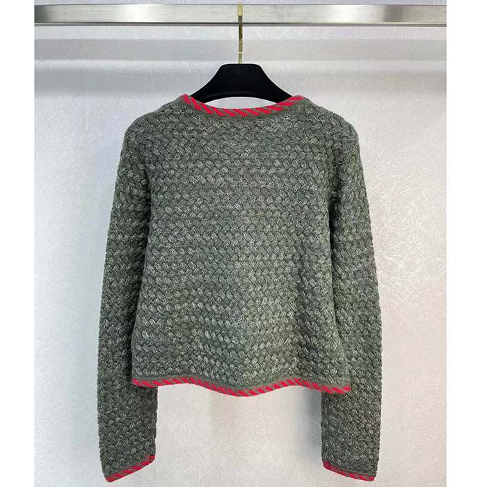 Gucci Women GG Cable Knit Wool Jacket Dark Green Cable Knit Wool Green Red Stripe