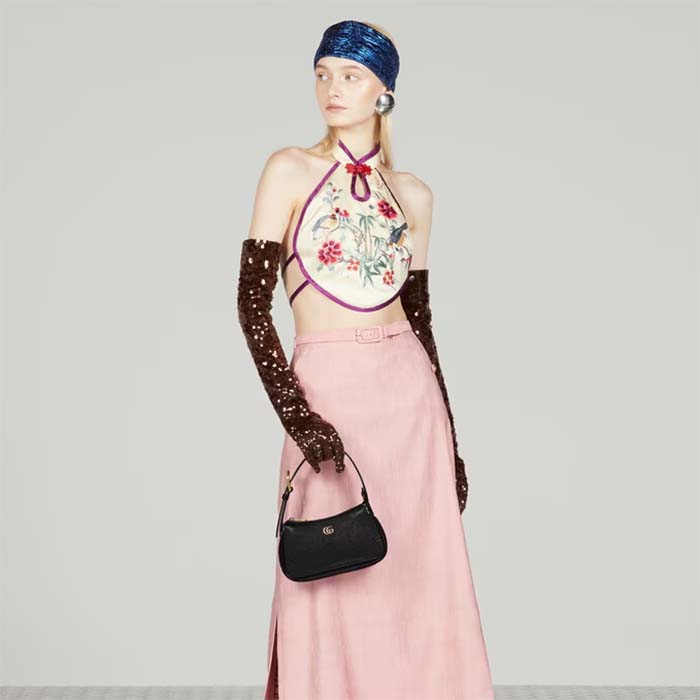 Gucci Women GG Aphrodite Shoulder Bag Double G Black Leather Zip Closure