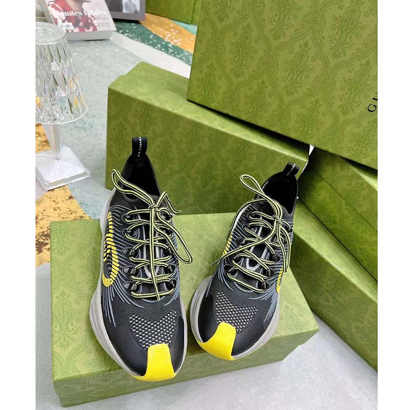 Gucci Unisex GG Run Sneaker Black Lime Technical Knit Fabric Rubber Interlocking G