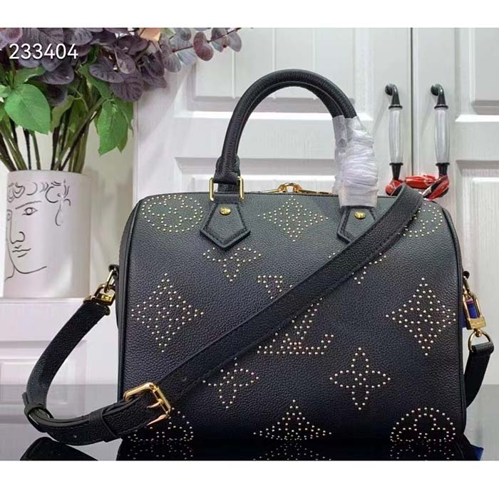 Louis Vuitton LV Women Speedy Bandoulière 25 Handbag Black Monogram Empreinte Grained Cowhide Leather Studs