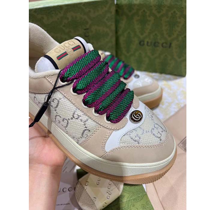 Gucci Unisex Screener Sneaker White GG Lamé Canvas Chunky Laces 4.8 CM Heel