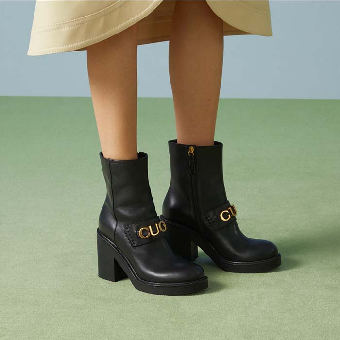 Gucci Women GG Gucci Boot Black Leather Rubber Sole Mid 8.9 CM Heel