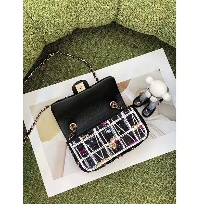 Chanel Women CC Classic Handbag Embroidered Satin Sequins Black White Red Gold