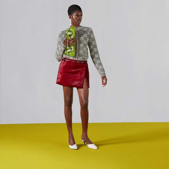 Gucci Women Wool Bouclé Jacquard Cardigan Grey Ivory GG Crewneck Long Sleeves