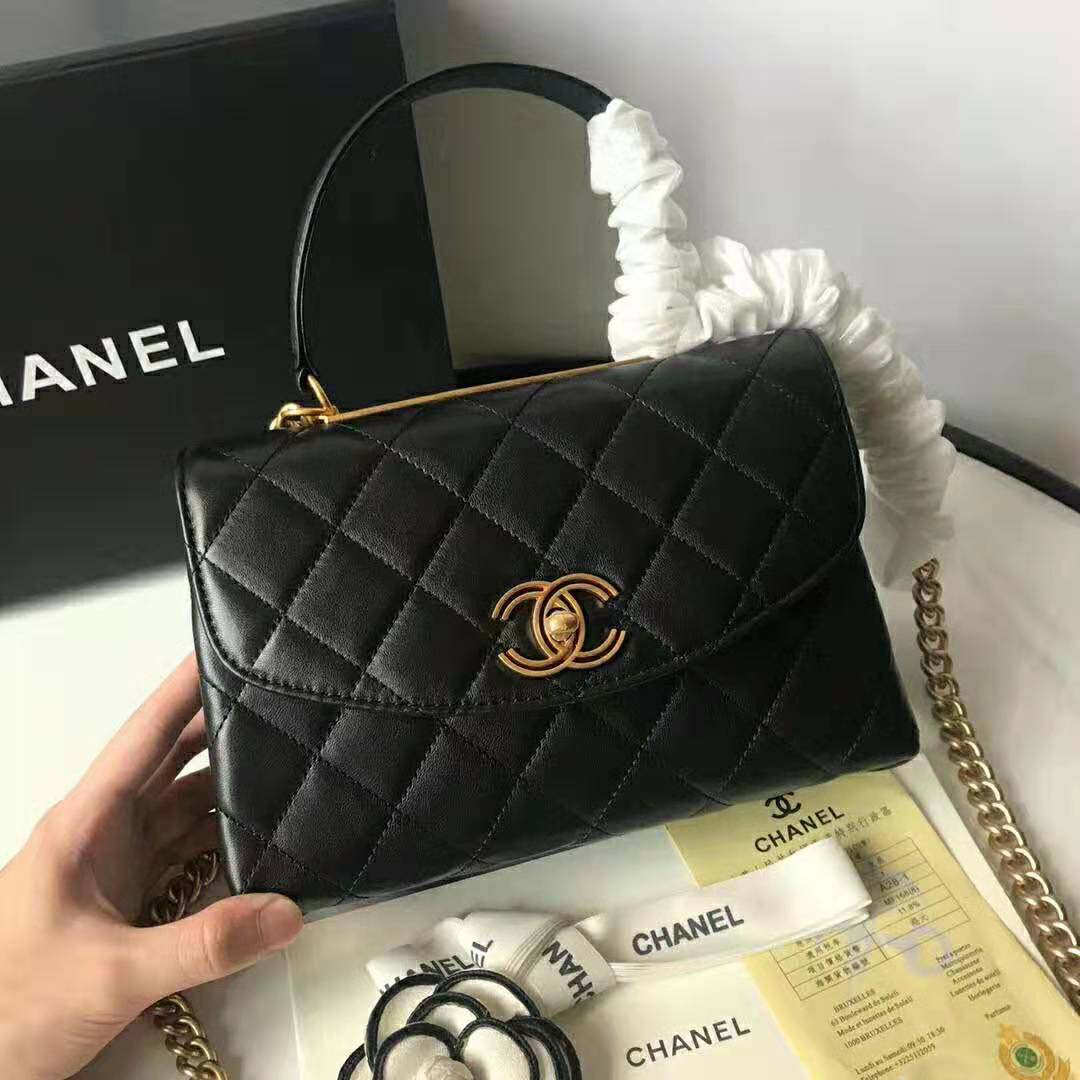 Chanel Women Flap Bag with Top Handle in Lambskin-Black