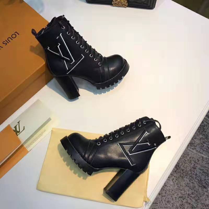 Louis Vuitton LV Women Star Trail Ankle Boot in Supple Black Calf Leather with Monogram Canvas-Black