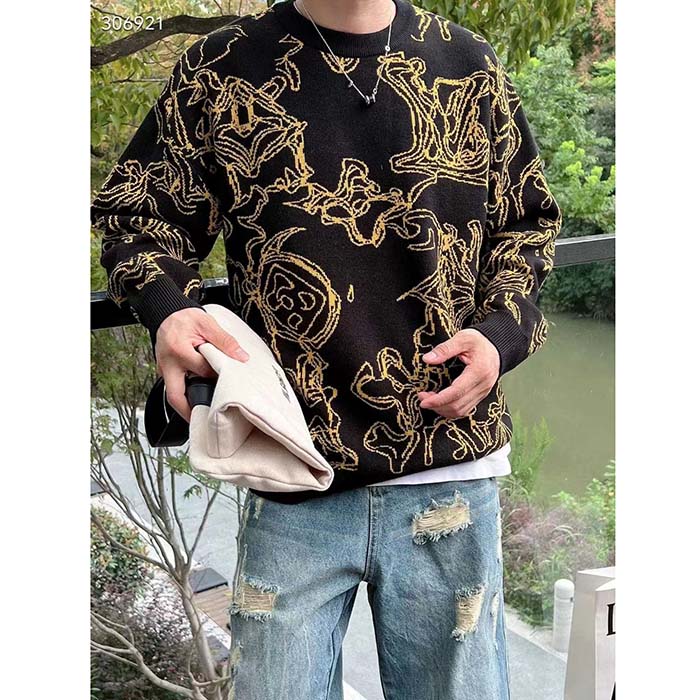 Louis Vuitton Men Monogram Cotton Crewneck Regular Fit Wavy Monogram Jacquard Black