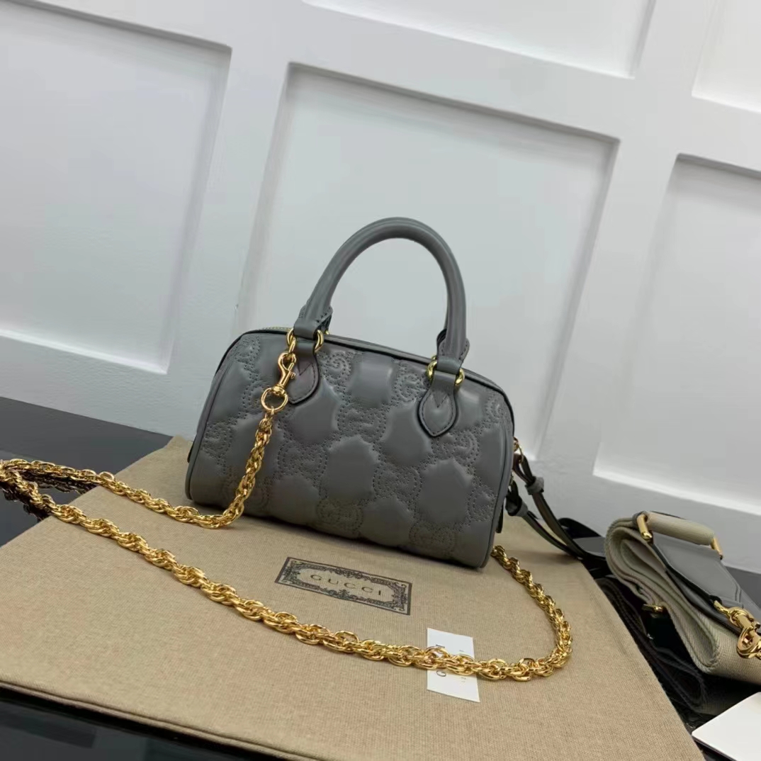 Gucci Women GG Matelassé Leather Top Handle Bag Dusty Grey Double G