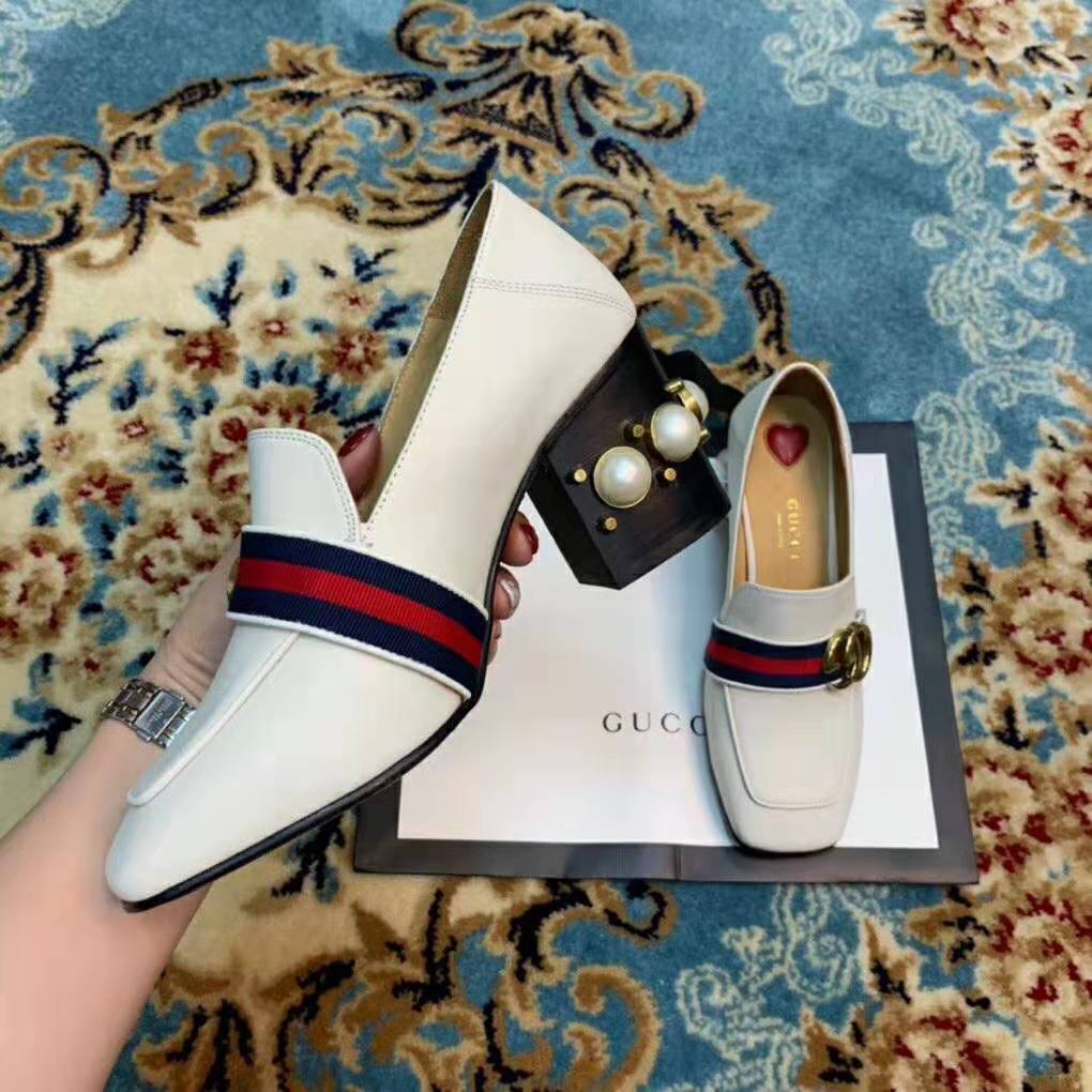Gucci Women Leather Mid-Heel Loafer 3″ Heel-White
