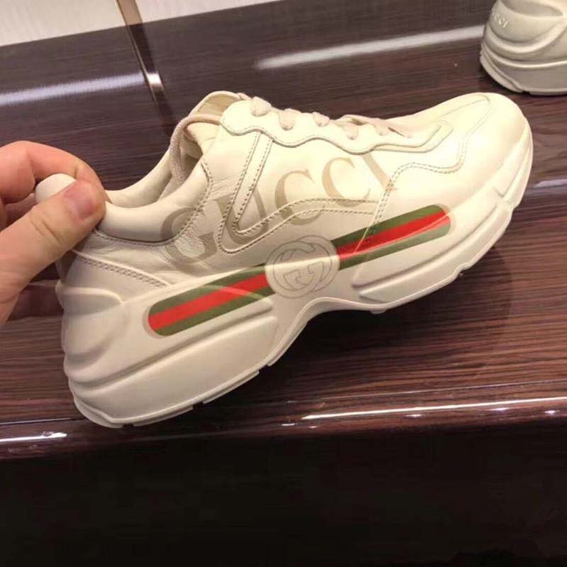 Gucci Unisex Rhyton Gucci Logo Leather Sneaker-Beige
