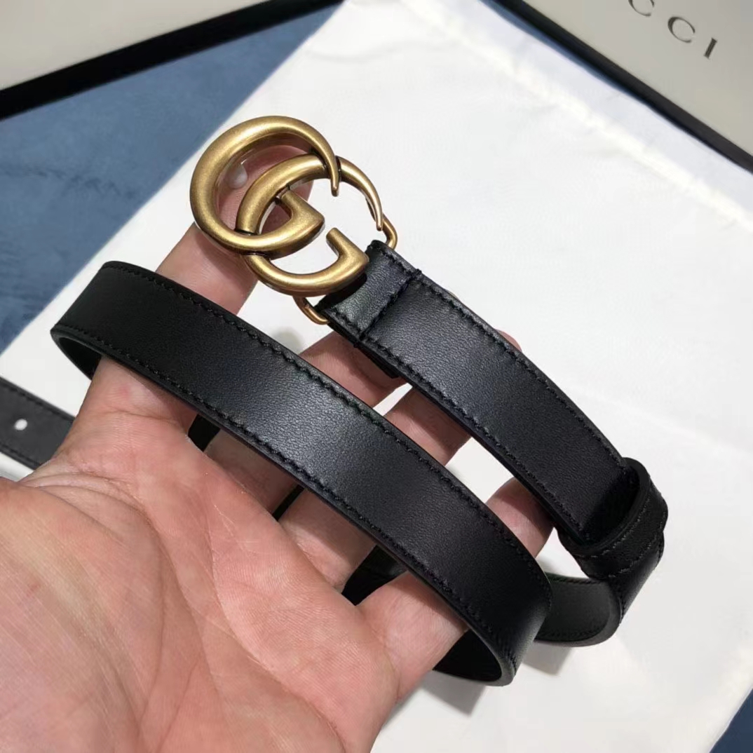 Gucci Unisex GG Leather Belt Double G Buckle Black Leather 2 CM Width