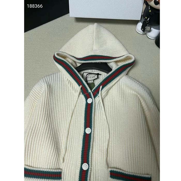 Gucci Women Rib Stitch Wool Cardigan Web Fixed Hood Drawstring Dropped Shoulder Long Sleeves