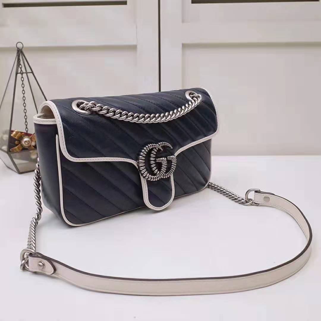 Gucci GG Women GG Marmont Small Shoulder Bag in Blue Diagonal Matelassé Leather