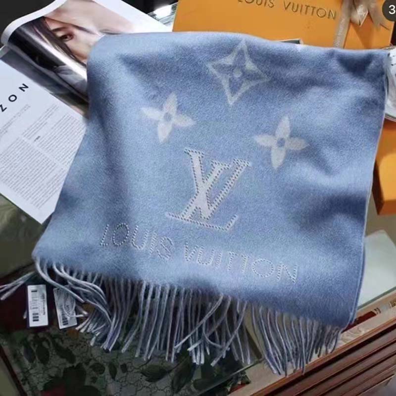 Louis Vuitton LV Unisex Studdy Reykjavik Scarf Denim Blue Allover Monogram Jacquard Weave