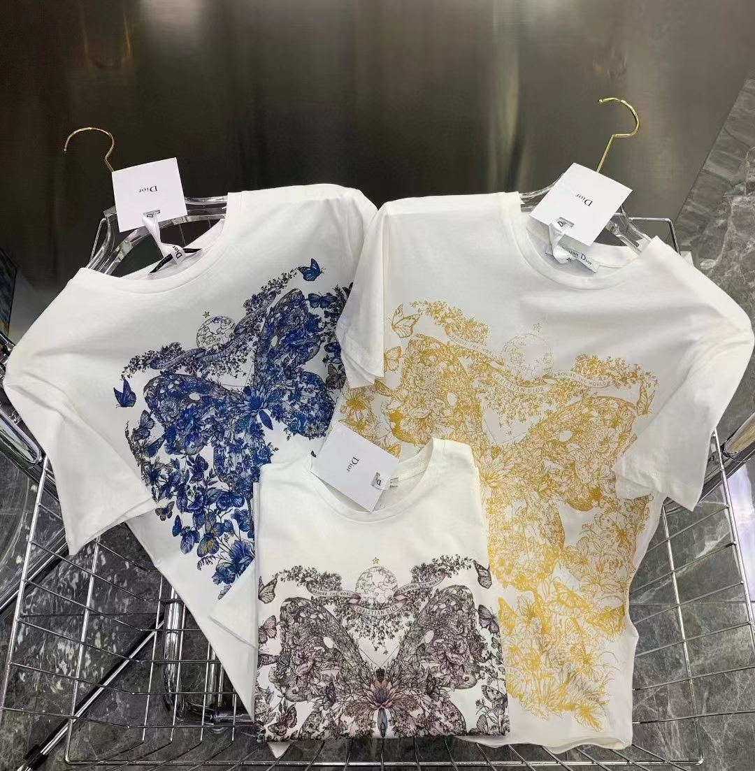 Dior Men CD T-Shirt White Cotton Jersey Gold-Tone Butterfly Around The World Motif